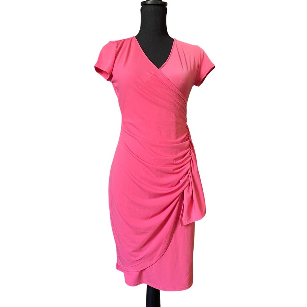 Vtg Y2K New York & Co Pink Faux Wrap Dress – Ruched V-Neck Jersey Sheath – Sz XS